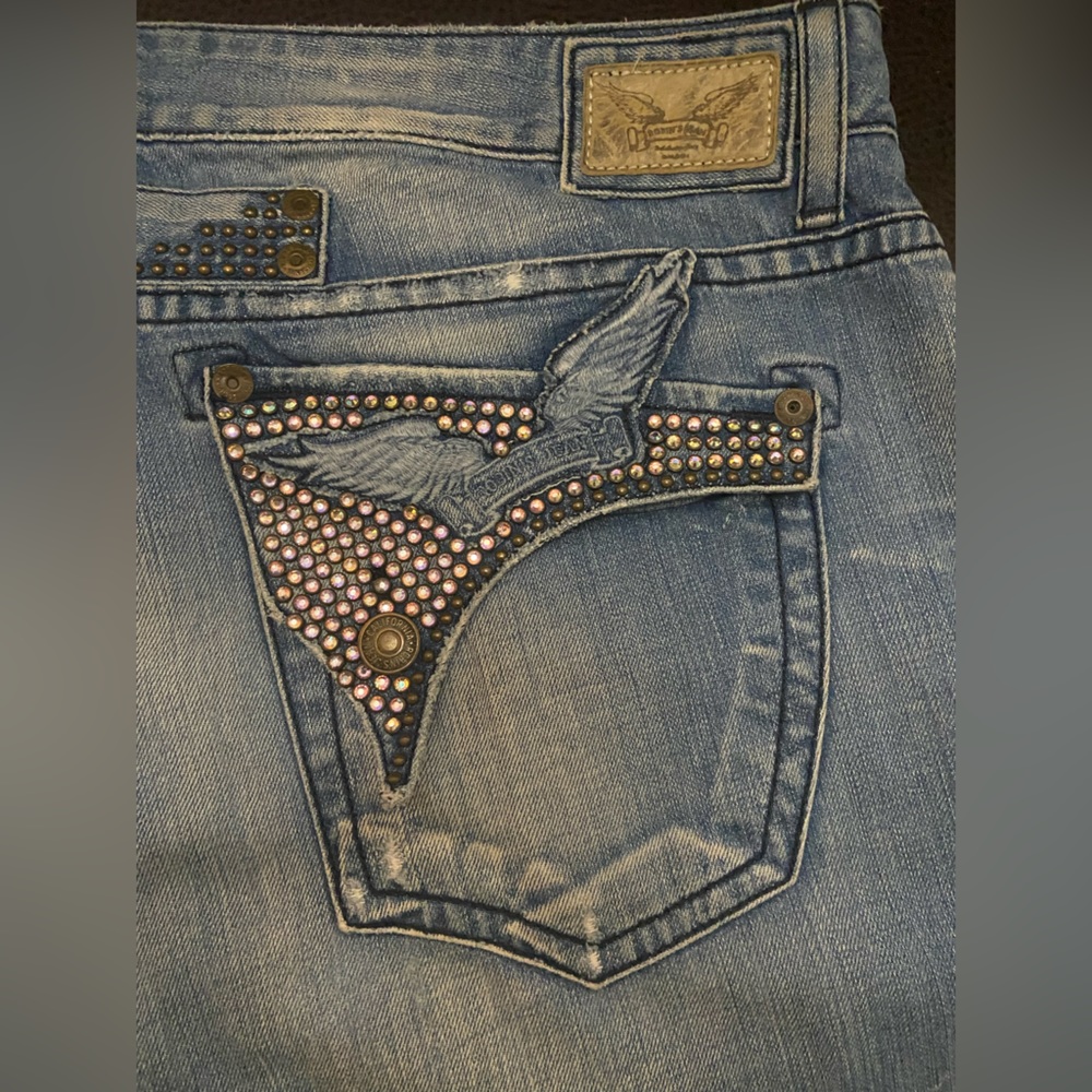 ROBIN JEAN .. CLASSIC WING PATCH FLAP POCKET WITH CRYSTALS IN BLUE.